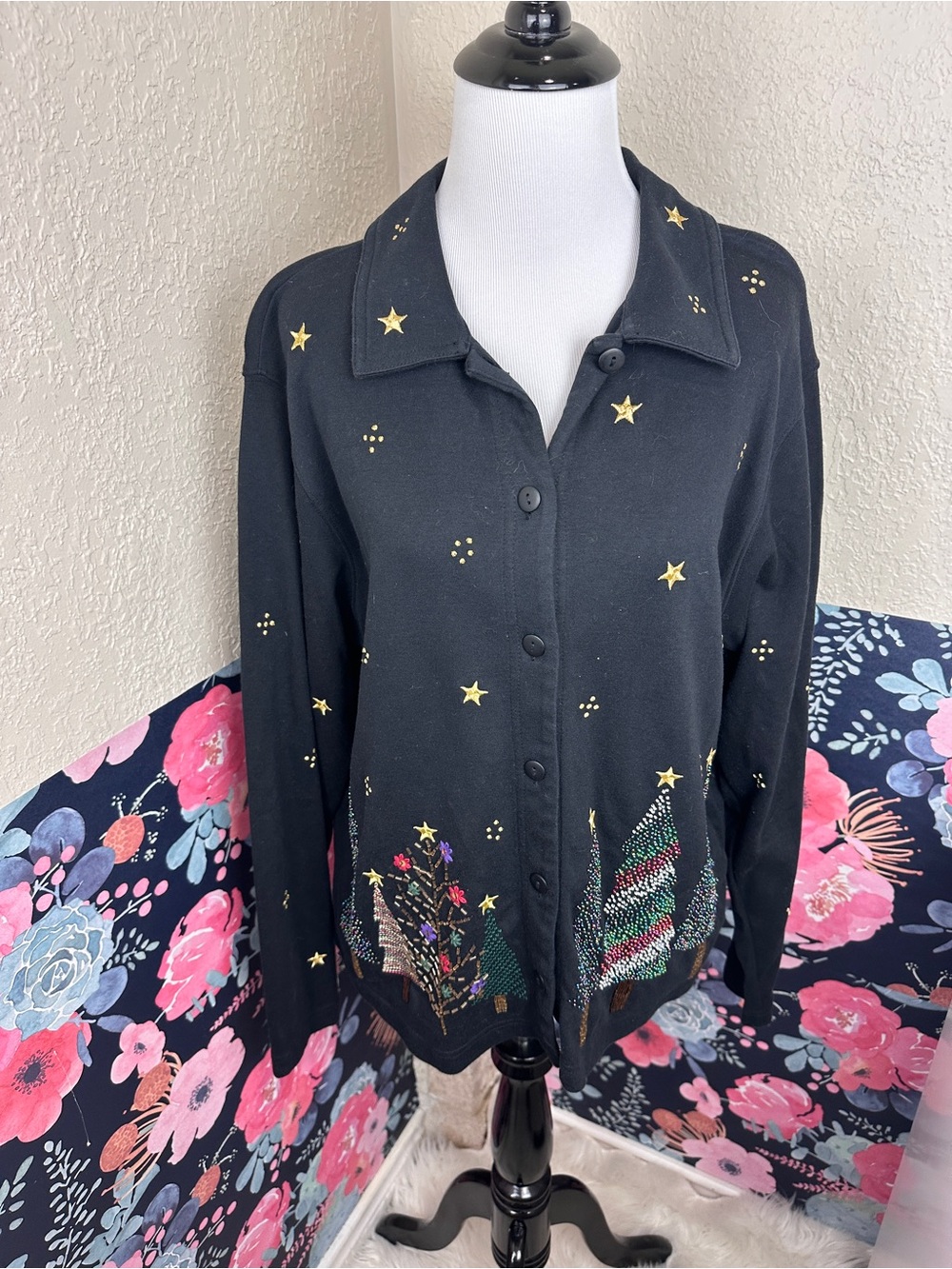 Vintage 90s Bechamel Beaded Christmas Tree Holiday Knit Cardigan Size Large